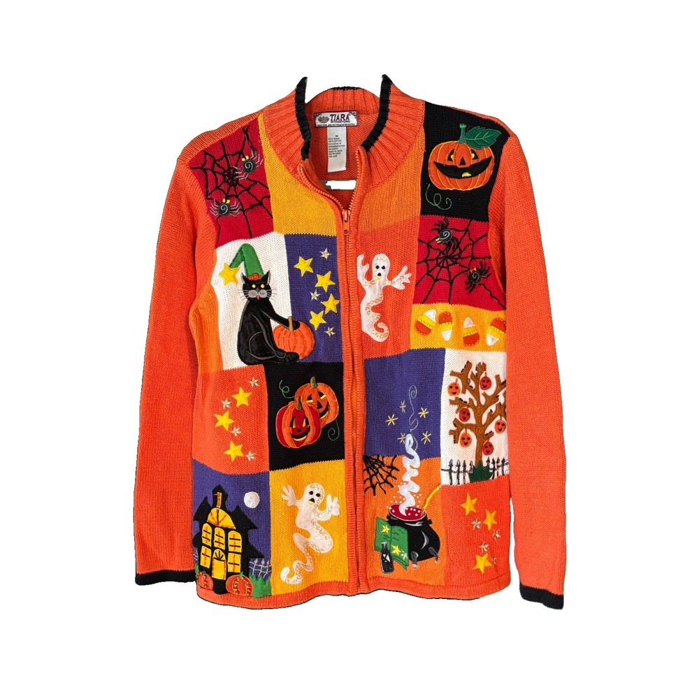Vintage Tiara International Halloween Cardigan Sweater Orange Patchwork RARE M